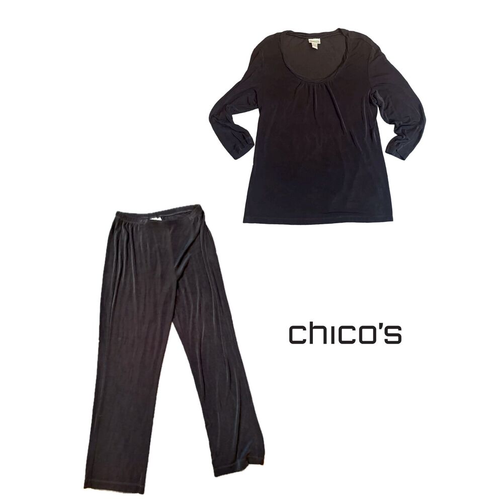 Chico's Travelers Black Slinky Top + Pants Size L